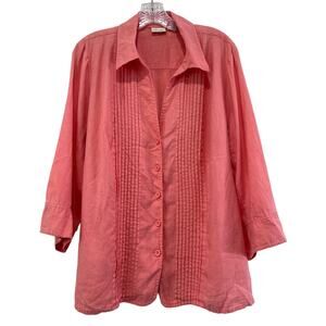 Kim Rogers Pink Button Up 100% Linen Pintuck Top Women's 1X Pleated 3/4 Sleeve